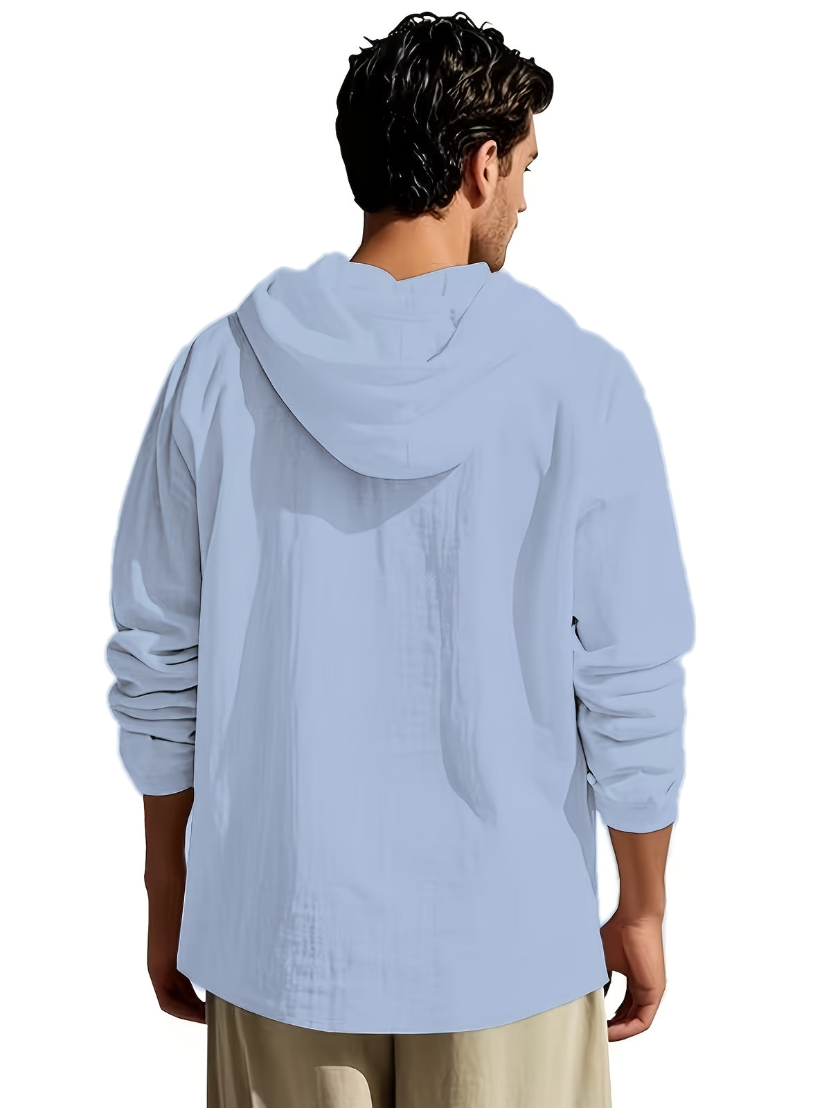 Spring/Autumn Men's Solid Color Half-Zip Hooded Long-Sleeve Single-pc Top, Simple and Comfortable Letter Print Shirt, Streetwear for Outings, Visiting, and Casual Wear - Blue