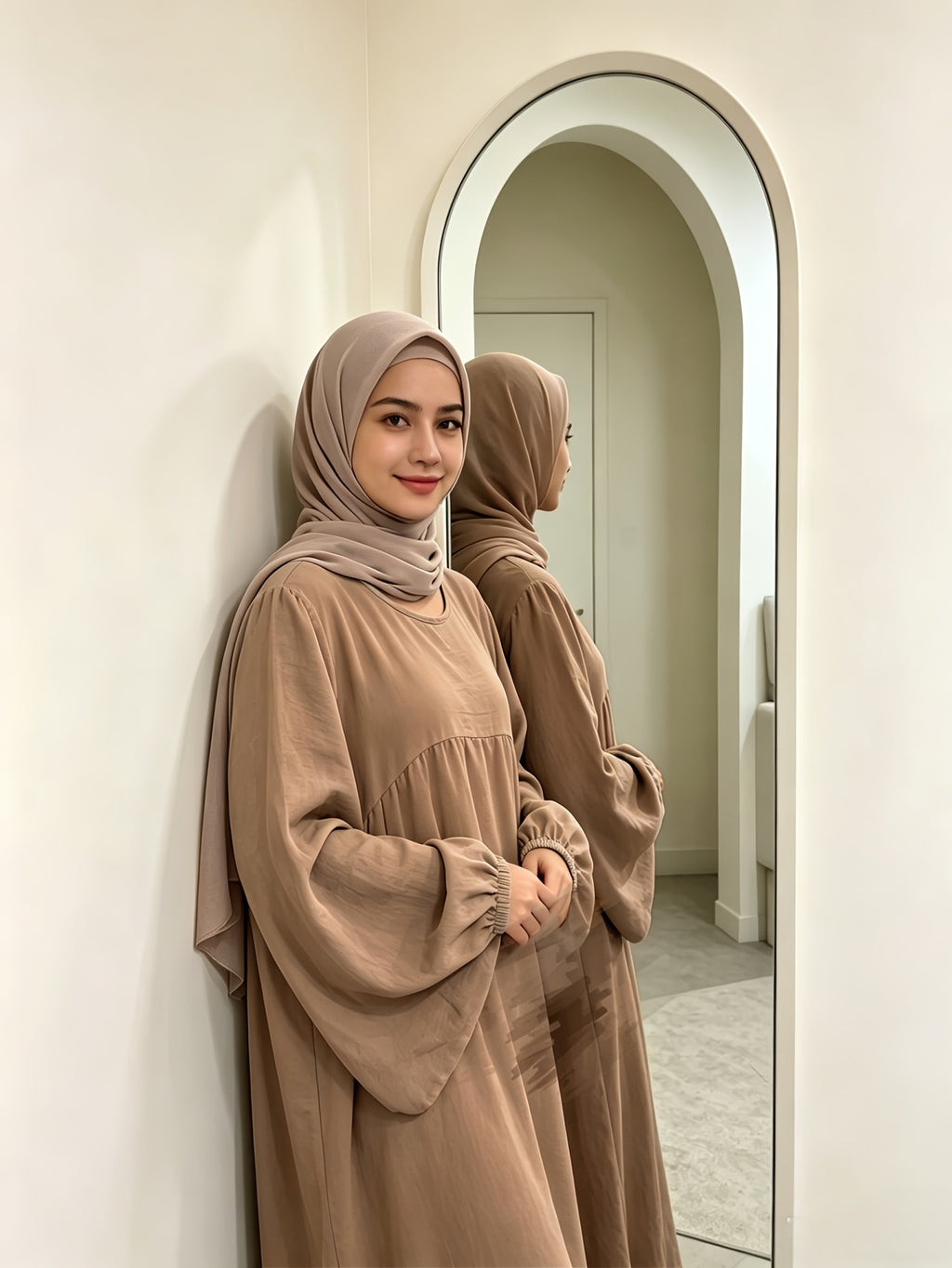 Modest Gathered Waist Maxi Dress, Loose Fit Balloon Long Sleeve Dress with Elastic Cuffs for Daily Wear - Khaki