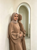 Modest Gathered Waist Maxi Dress, Loose Fit Balloon Long Sleeve Dress with Elastic Cuffs for Daily Wear - Khaki