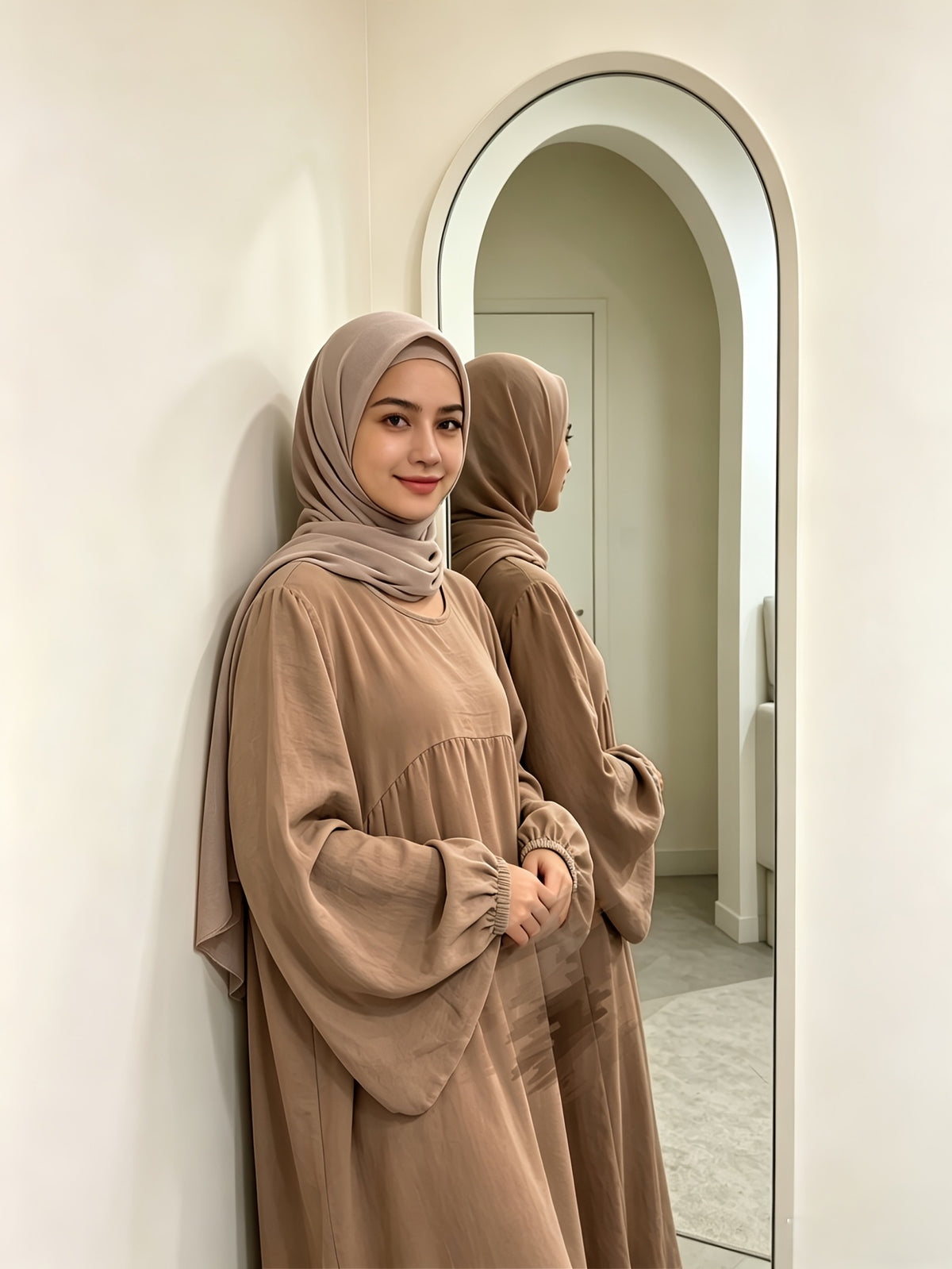 Modest Gathered Waist Maxi Dress, Loose Fit Balloon Long Sleeve Dress with Elastic Cuffs for Daily Wear - Khaki