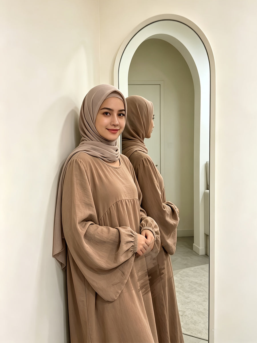 Modest Gathered Waist Maxi Dress, Loose Fit Balloon Long Sleeve Dress with Elastic Cuffs for Daily Wear - Khaki