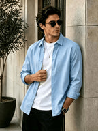 Men'S Long Sleeve Casual Shirt for Summer, Lightweight, Breathable And Comfortable. Slim-Fit And Versatile with Relaxed Cut, Ideal for Daily Commuting And Travel Outfits. (Shirt solely) - Sky Blue