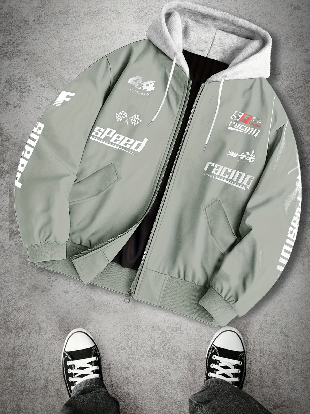 Casual American Street Racing Print Design Trendy 2-in-1 Look Hooded Jacket JK5682 - Light Grey