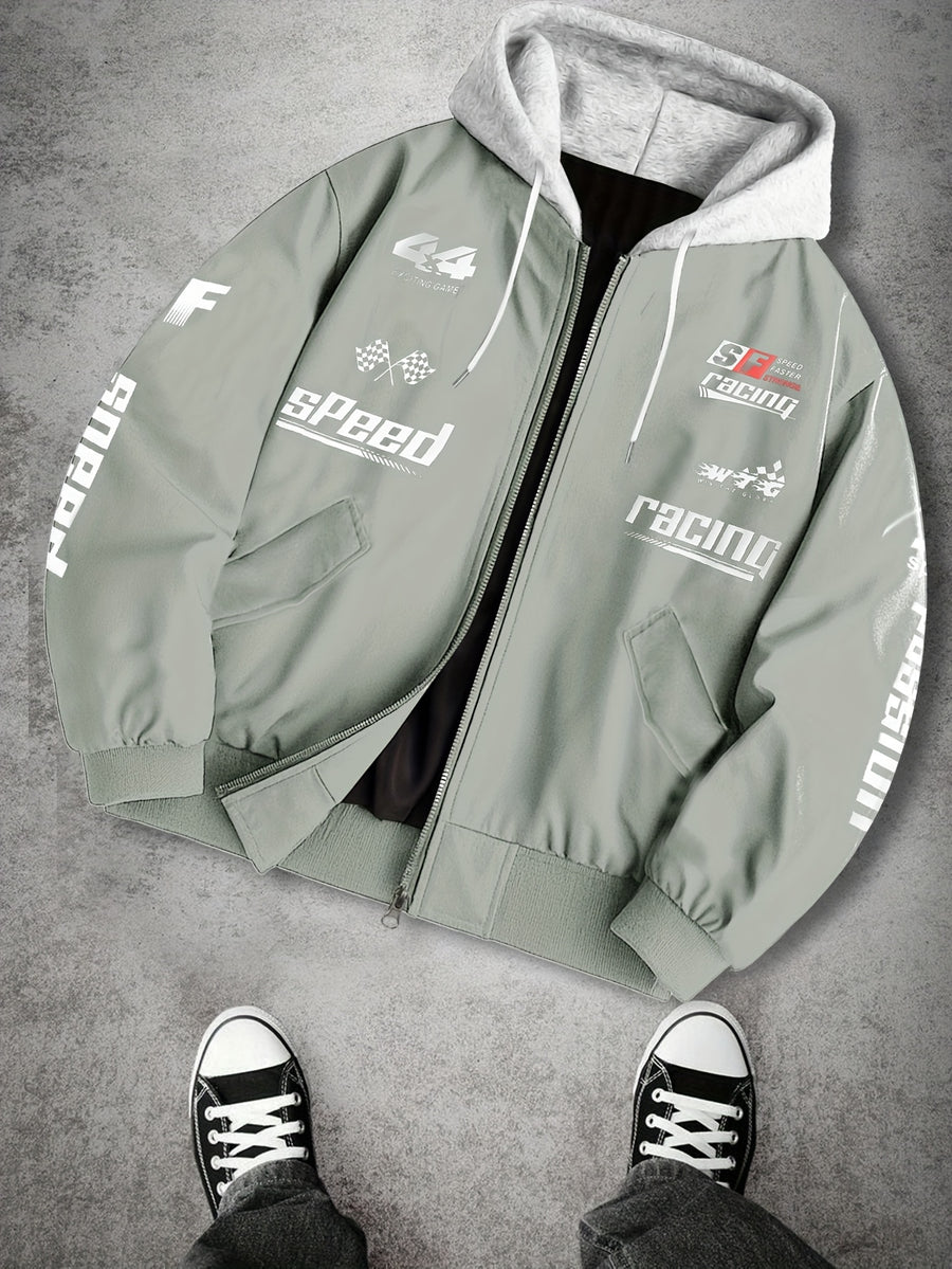 Casual American Street Racing Print Design Trendy 2-in-1 Look Hooded Jacket JK5682 - Light Grey