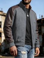 EXARUS American Retro Stand Collar Patchwork Jacket Men'S Spring Autumn Style, Waffle Checkered with Drop Shoulder Cargo Coat, Western Street Casual Zipper Baseball Top. 3D Textured Fabric, Smooth Full Zip Closure, Brown And Gray Available - Grey
