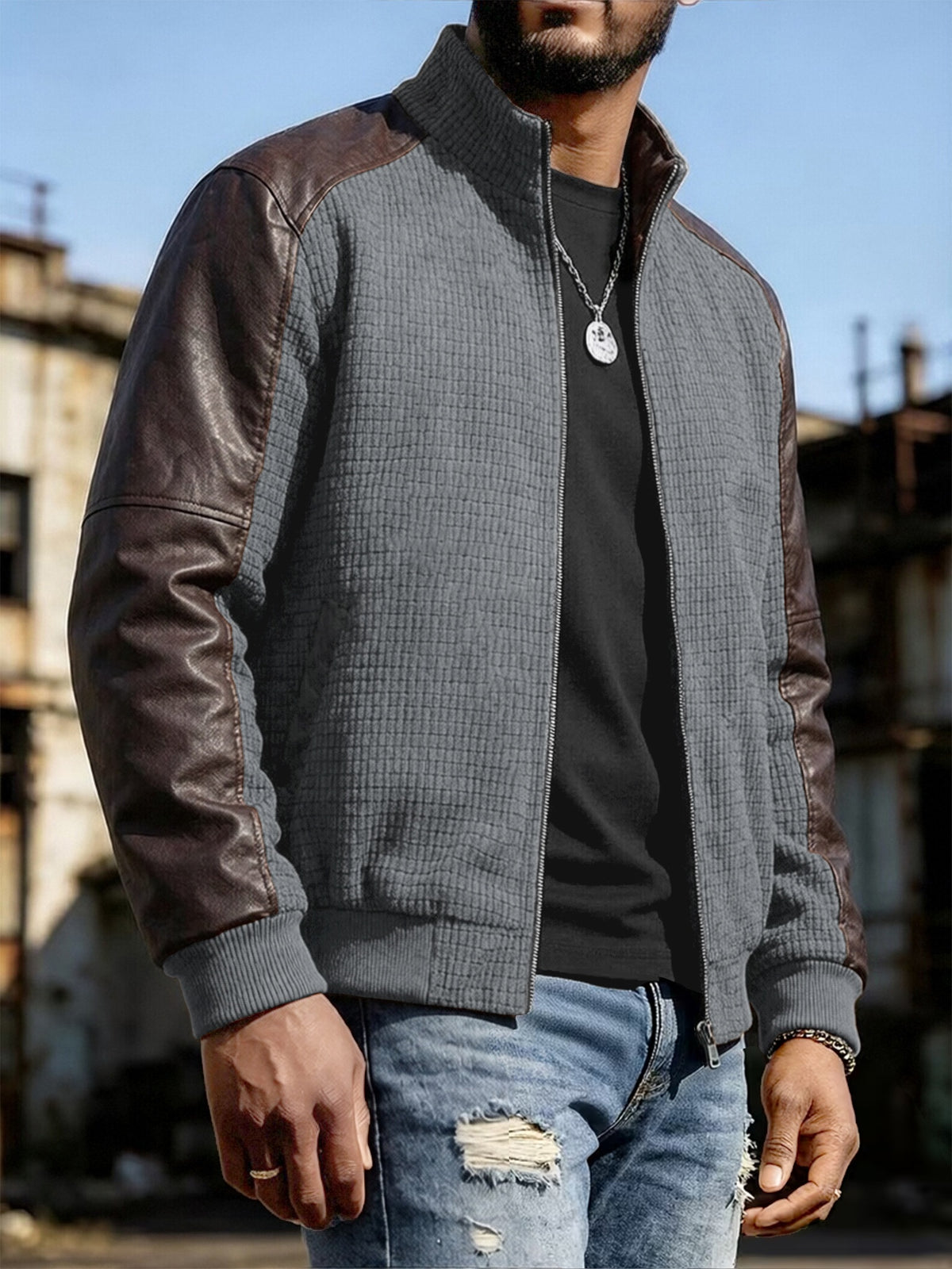 EXARUS American Retro Stand Collar Patchwork Jacket Men'S Spring Autumn Style, Waffle Checkered with Drop Shoulder Cargo Coat, Western Street Casual Zipper Baseball Top. 3D Textured Fabric, Smooth Full Zip Closure, Brown And Gray Available - Grey
