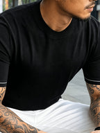 Men' Summer Short-Sleeve Knit Shirt with White-Trimmed Cuff - Stretchable Round Neck -Compatible Suitable for Urban Streetwear & Business Casual, Solid Color Multi-Color Tunic Top for Commuting and Office Wear - Black