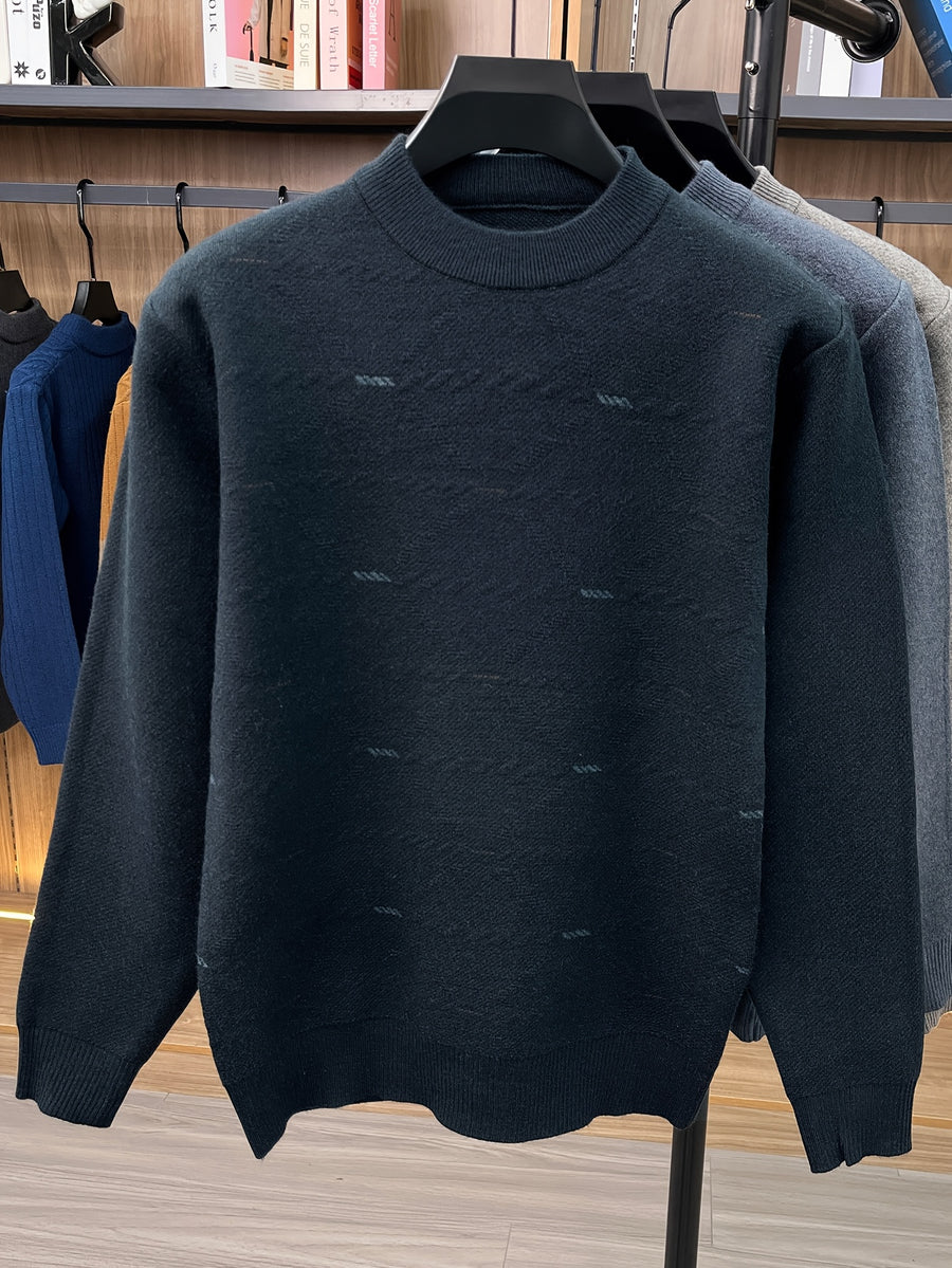Autumn/Winter Men's Crew Neck Knit Sweater, Simple Subtle Jacquard Pattern, Mid-Life Layering Top - Dark Green