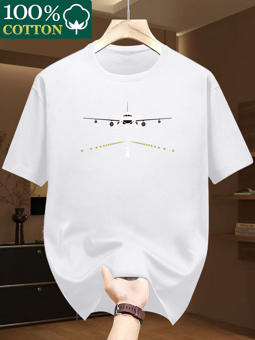 100% Cotton Men's T-Shirt, Cotton Fabric, Airplane Print, Lightweight, Breathable, Sweat-Absorbent, Essential Summer Daily Top - White