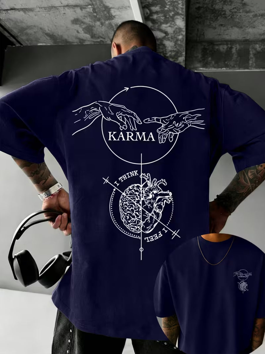 Causal Reincarnation Brain Heart Hand-Drawn Men'S Pure T-Shirt, Front And Back Double-Sided Genesis Hand, Half-Brain Heart Line English Print with Niche Dark Art Atmosphere, 100% Fabric Breathable And Skin-Friendly - Navy Color
