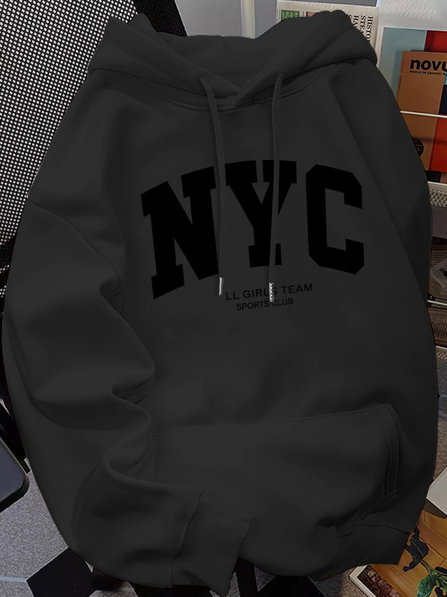 Hooded Sweatshirt with Printed Pattern, Autumn/Winter Style Sweatshirt NYC - Black