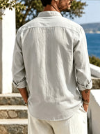 Men's Cool Long Sleeve Stand Collar Shirt, Loose Fit Lightweight Casual Blouse, Versatile Outerwear Top, Ideal for Autumn Daily Wear - Light Grey