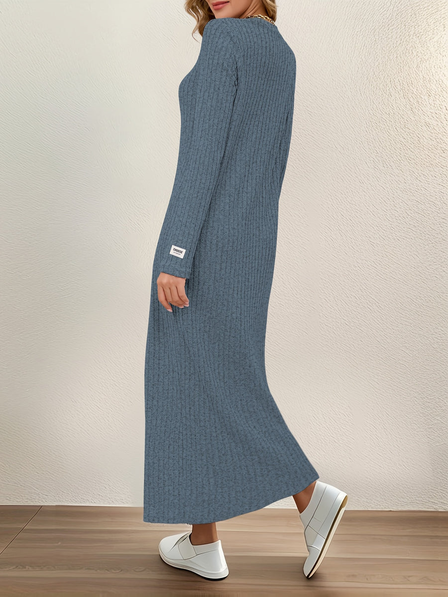 New Women's Round Neck Pullover Long Dress, Suitable for Home Wear, Outerwear, or as a Base Layer, Long Sleeve, Slim Fit, Loose Fit, A-Line, Solid Color, Ribbed, Relaxed Style Long Dress - Sea Blue
