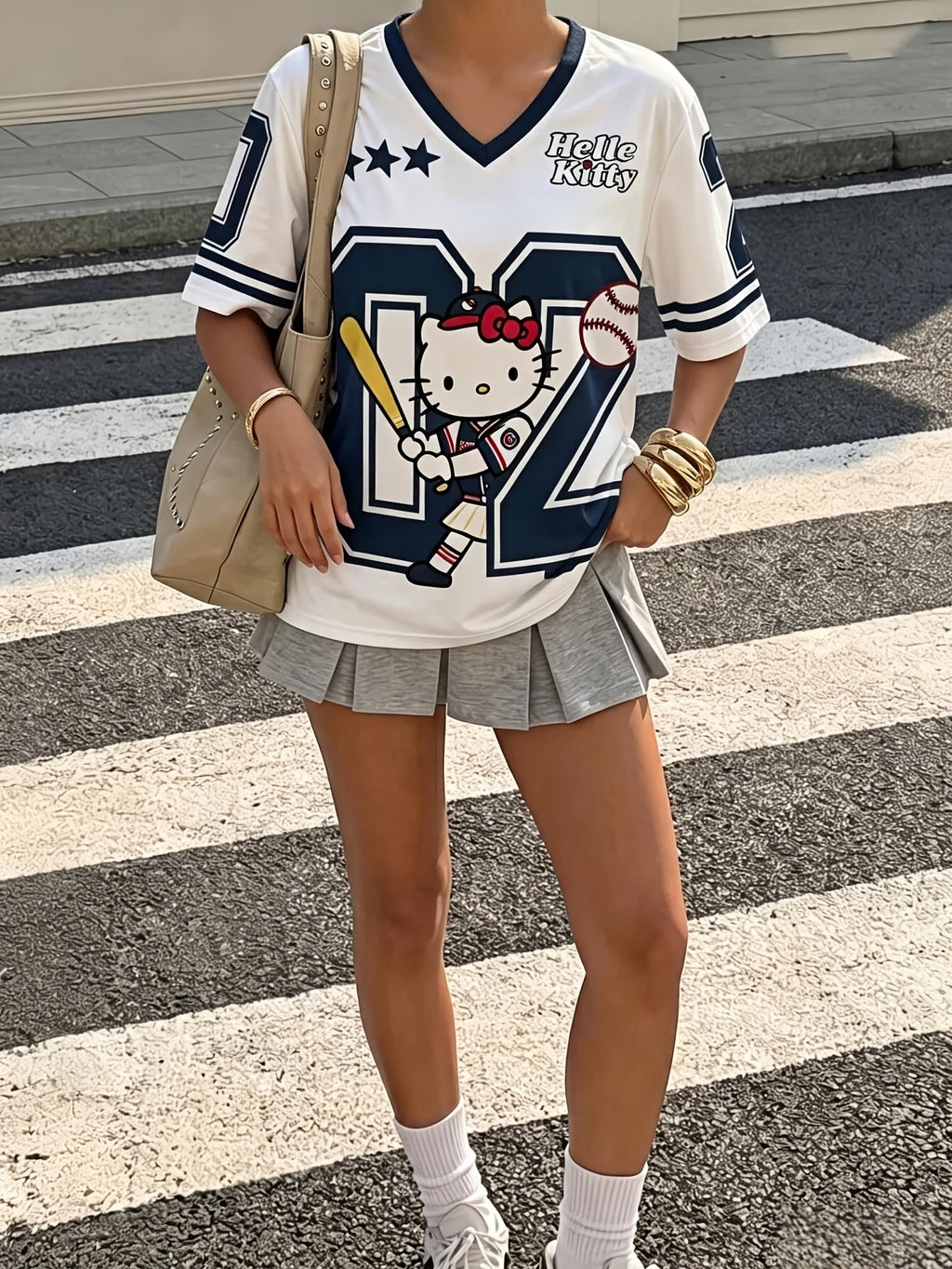 Sanrio Hello Kitty Varsity Baseball Women's T-Shirt V-Neck Navy Blue & White Color Block Loose Fit Double-Sided Graphic Print Y2K Summer Tee - Navy Color