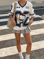 Sanrio Hello Kitty Varsity Baseball Women's T-Shirt V-Neck Navy Blue & White Color Block Loose Fit Double-Sided Graphic Print Y2K Summer Tee - Navy Color