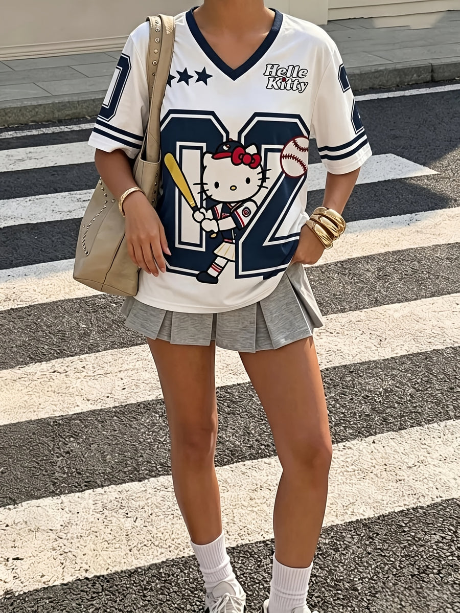 Sanrio Hello Kitty Varsity Baseball Women's T-Shirt V-Neck Navy Blue & White Color Block Loose Fit Double-Sided Graphic Print Y2K Summer Tee - Navy Color