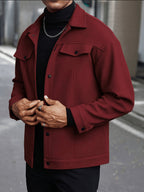 New Autumn/Winter Men's Lapel Tweed Shirt Jacket, Loose Fit with Double Patch Pockets, Single-Breasted Casual Workwear Outerwear, Versatile Top for Daily Commuting - Burgundy