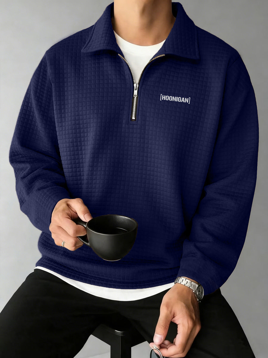 HOONIGAN Men's Printed Half-Zip Fashion Waffle Knit Texture Autumn/Winter Simple Casual Versatile Sporty POLO Shirt Sweatshirt, New Autumn/Winter Long-Sleeve Lapel Top, Comfortable and Breathable Fabric, Valentine's Day Gift, Preferred Birthday Gift - Navy Color