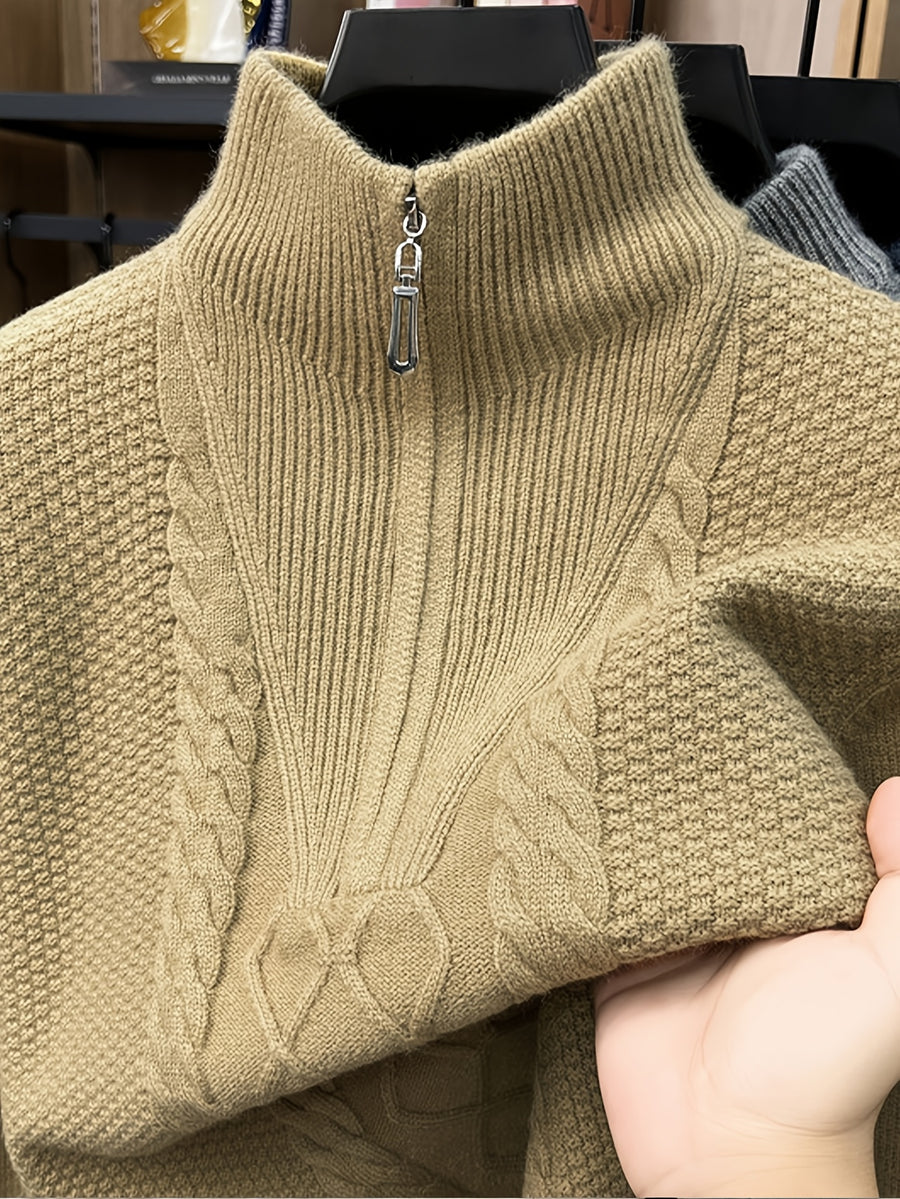 Men'S Thickened Semi-Open Zipper Stand Collar Knit Sweater, Ribbed Cuffs And Hem, Autumn/Winter Style, Single Wear And Layering, Light Mature Business Casual Style - Yellow Camel