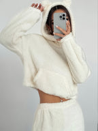 Women's Khaki Fluffy Casual Loose Double-Sided Set "Wilderness - White