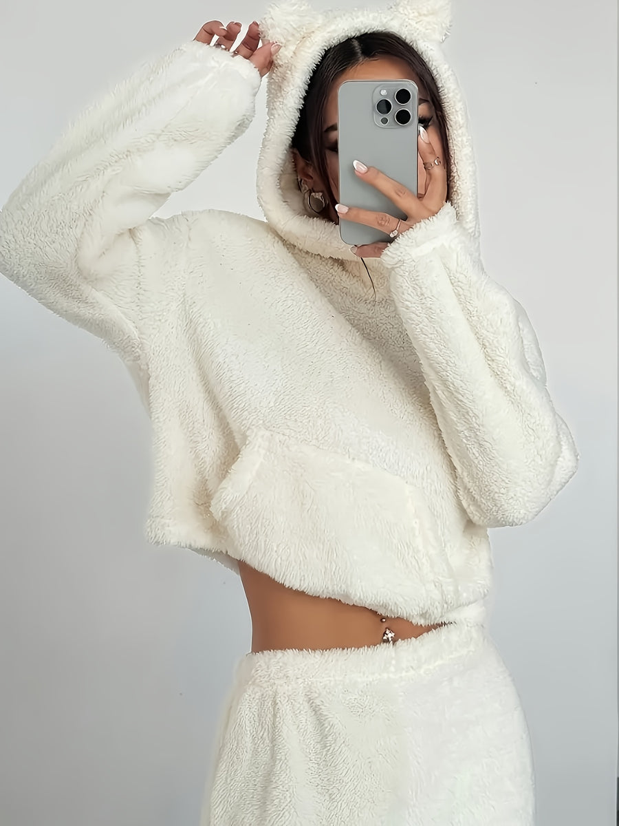 Women's Khaki Fluffy Casual Loose Double-Sided Set "Wilderness - White