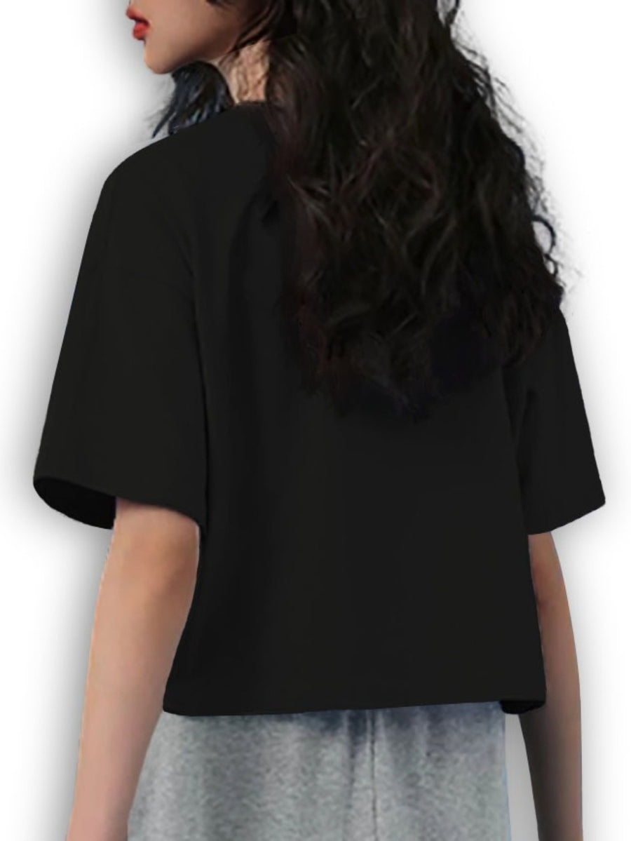 New Women'S Casual Short-Sleeve T-Shirt - Featuring a Cute Cat Head Print, Comfortable Loose Fit, Drawstring Hem Design That Reveals The Waist, Made from Soft Fabric, Machine Washable, Perfect for Spring And Summer Fashion, Suitable for Travel - Black