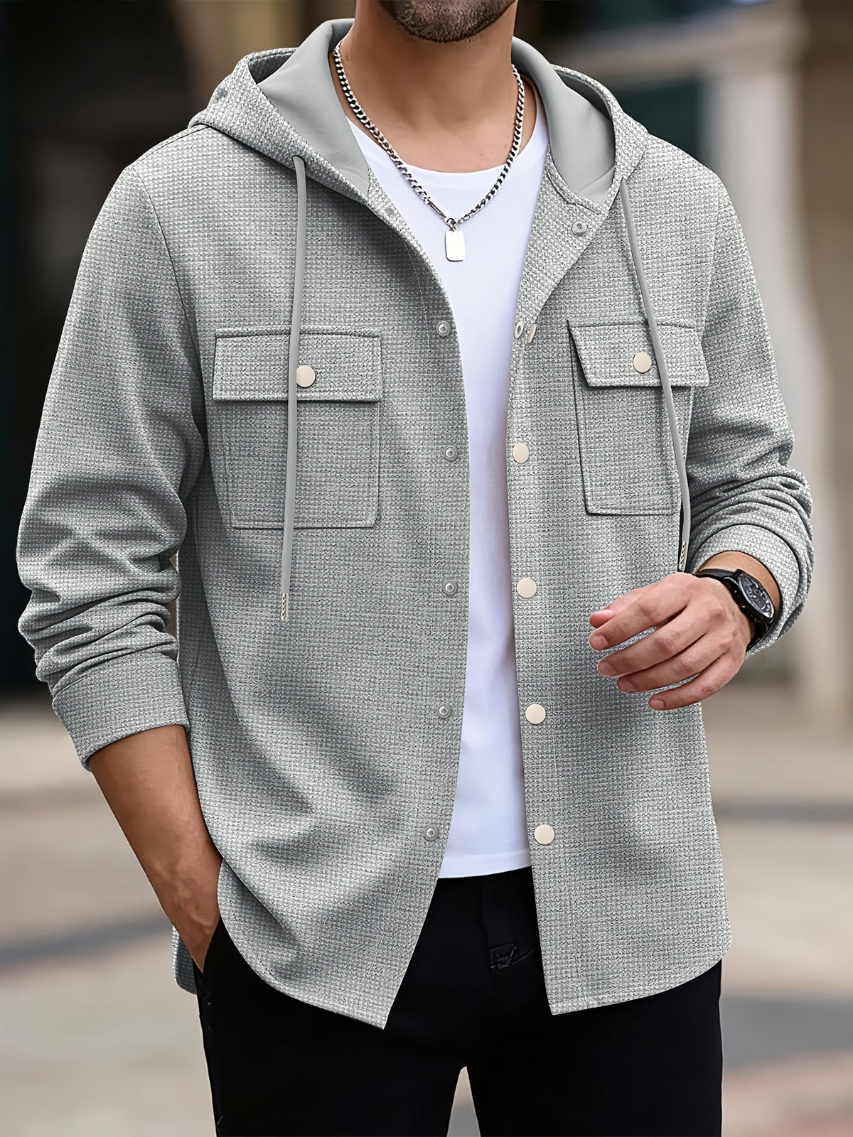 Men'S Waffle Knit Hooded Shirt Jacket Button- Long Sleeve Casual Shacket with Drawstring Hood And Flap Pockets, Loose Fit Lightweight Outerwear for Daily Wear - Grey
