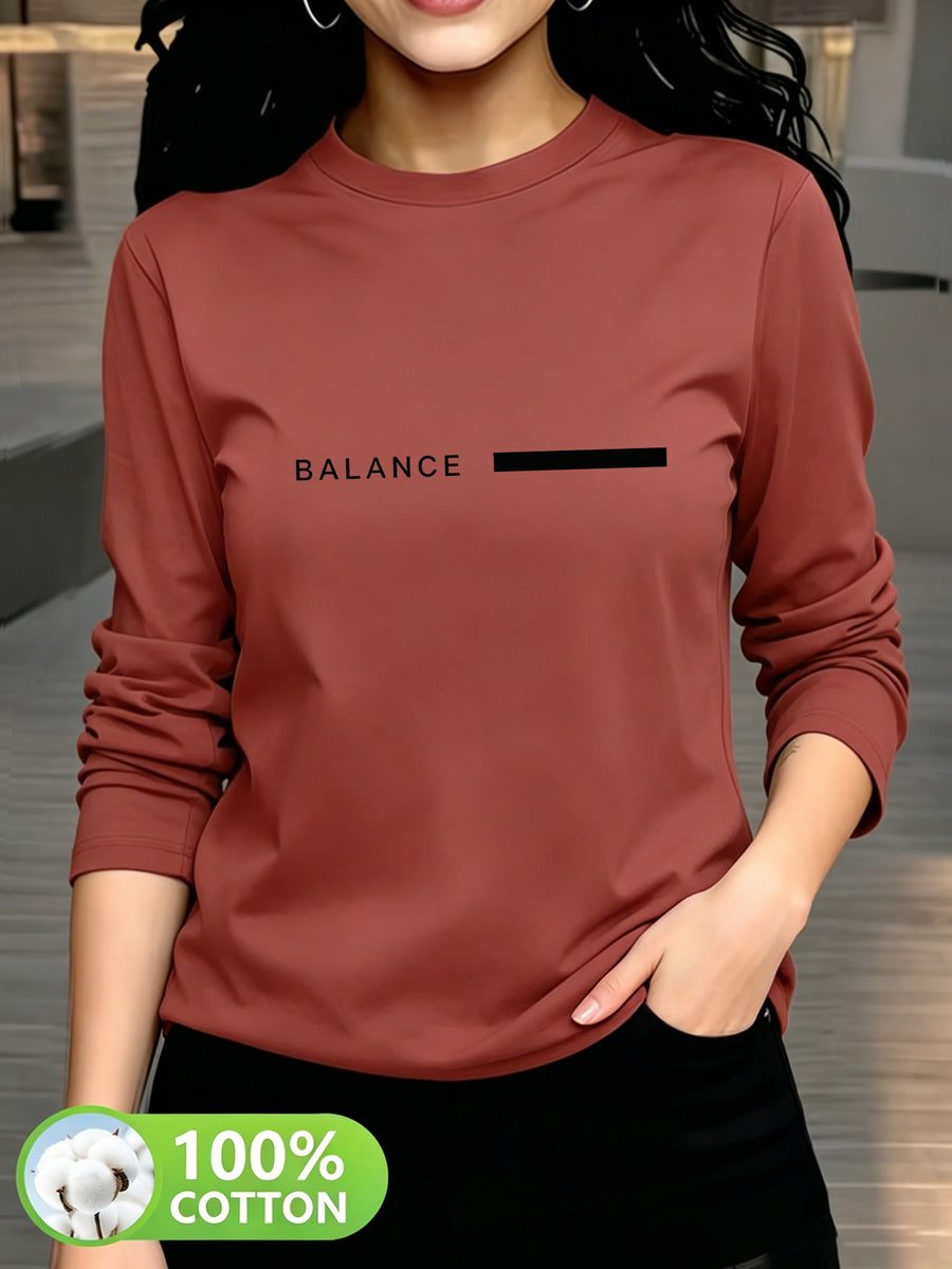 Women'S Fashion Casual Round Neck Long Sleeve T-Shirt, 100% with Lettered Stripe Pattern, Stylish Easy Comfortable Loose Fit - Brick Red