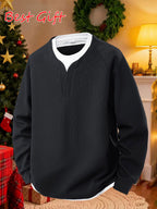 A Men's Fashion Sweatshirt Made of Waffle Knit Fabric, Featuring a Loose Fit. This Long-sleeve Top Is Suitable as a Base Layer for Spring and Autumn, Ideal for Casual Attire - Black