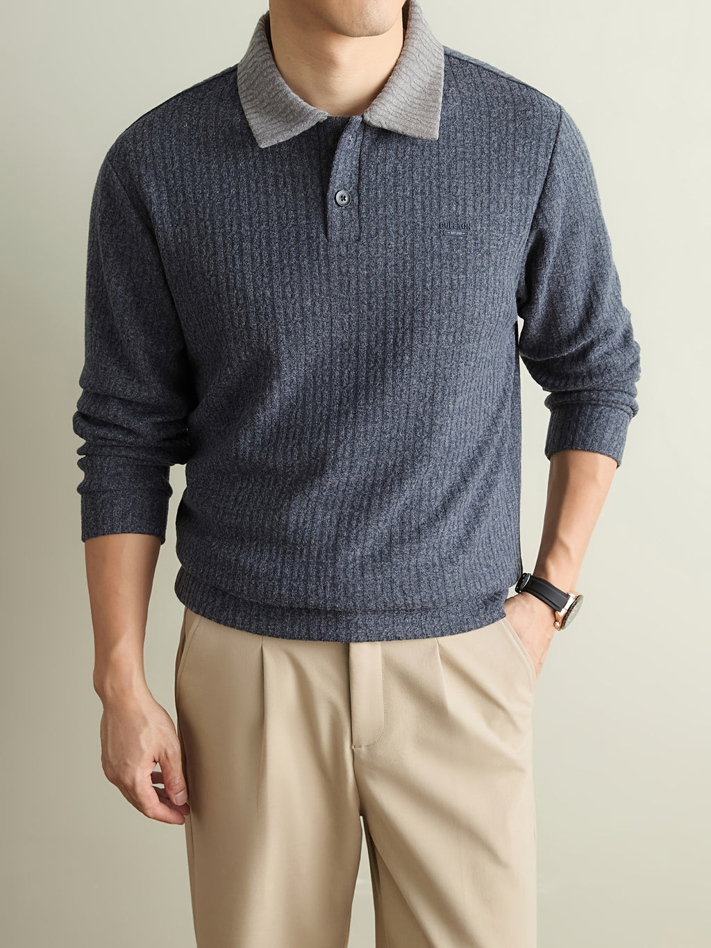 [Whale-Crossing Lan OBM] 1pc Autumn/Winter New Men'S Knit Pullover Sweater, Preppy Style Color-Block Lapel Half-Button Long Sleeve Knit Pullover, Men'S Business Casual Fashion Ribbed Sweater, Suitable for Spring, Autumn - Blue Grey