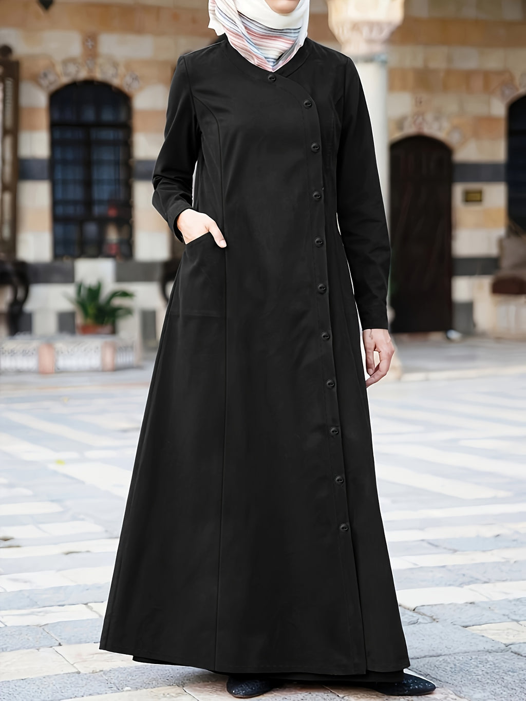 Spring/Autumn New Plain -Like Multi-Button Long Sleeve Women's Abayas - Black