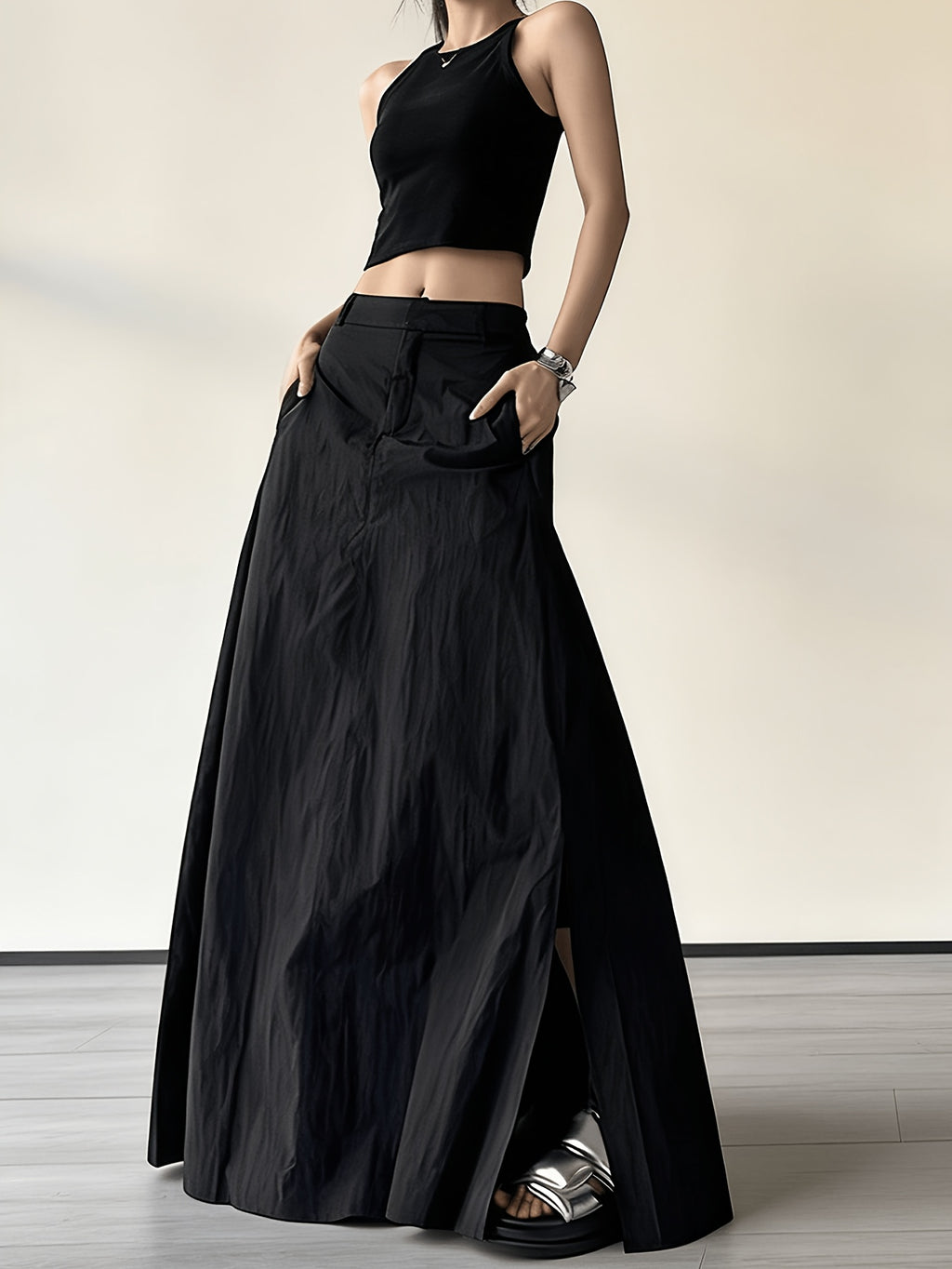 American Workwear Skirt Women'S 2025 New High-Waist Vintage Side Pleat Design A-Line Butt-Hugging Long Dress - Black