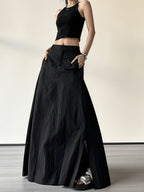 American Workwear Skirt Women'S 2025 New High-Waist Vintage Side Pleat Design A-Line Butt-Hugging Long Dress - Black