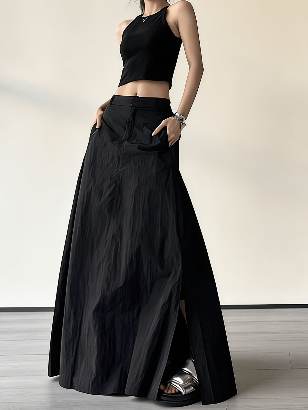 American Workwear Skirt Women'S 2025 New High-Waist Vintage Side Pleat Design A-Line Butt-Hugging Long Dress - Black
