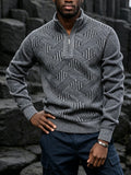 New Autumn/Winter Men's Half-Zip Stand Collar Diamond Knit Long-Sleeve Sweater. Features a Stand-up Collar with a Half-zip Design, Suitable for Pairing with Autumn/winter Outerwear or Wearing Alone. -lined and Thickened, It Is Versatile for Daily - Light Grey