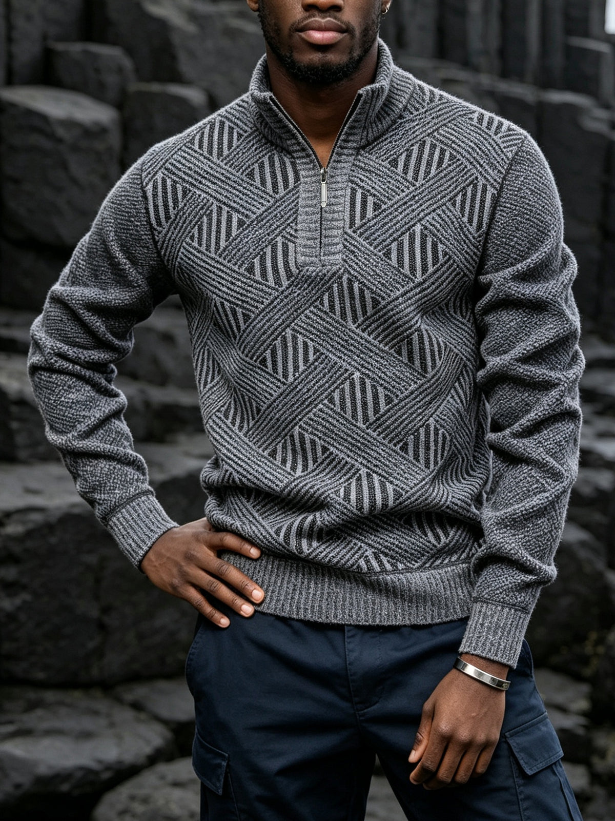New Autumn/Winter Men's Half-Zip Stand Collar Diamond Knit Long-Sleeve Sweater. Features a Stand-up Collar with a Half-zip Design, Suitable for Pairing with Autumn/winter Outerwear or Wearing Alone. -lined and Thickened, It Is Versatile for Daily - Light Grey