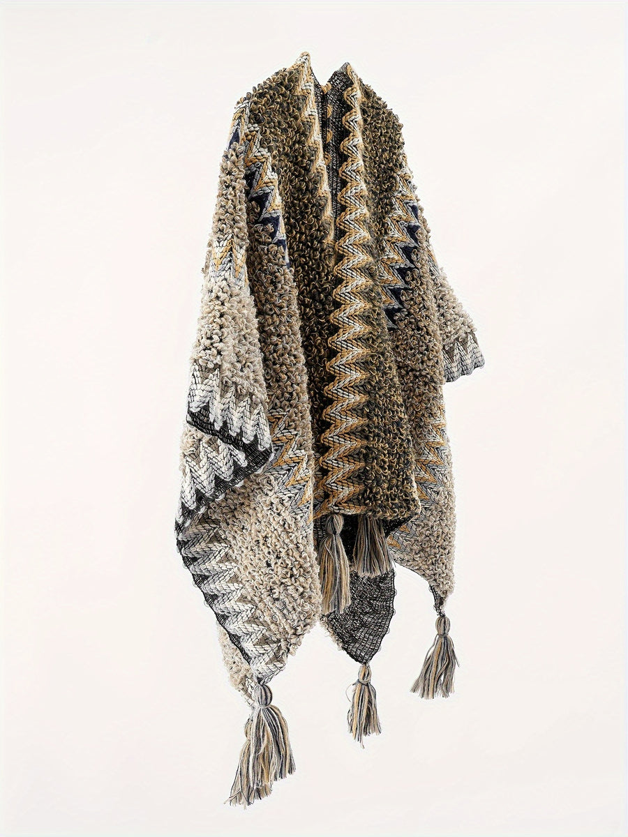 Tassel Striped Hollow-Out Airplane Blanket Cape Unisex Travel Coat - Grey