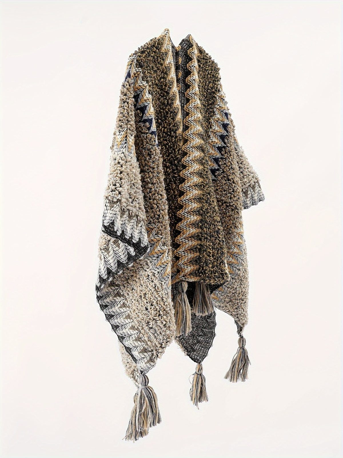 Tassel Striped Hollow-Out Airplane Blanket Cape Unisex Travel Coat - Grey