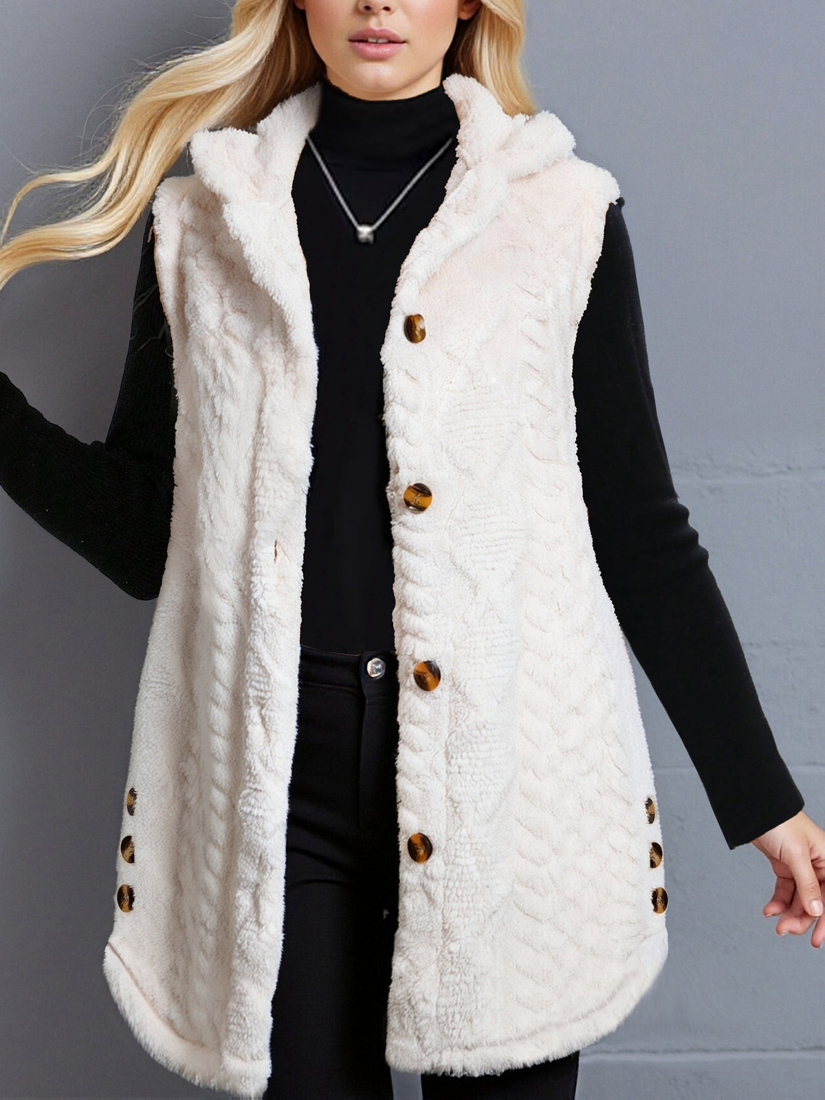 Women'S Adult Winter Casual Daily Jacquard Diamond Double-Faced Fleece Warm Fleece Pullover Vest Jacket - Apricot