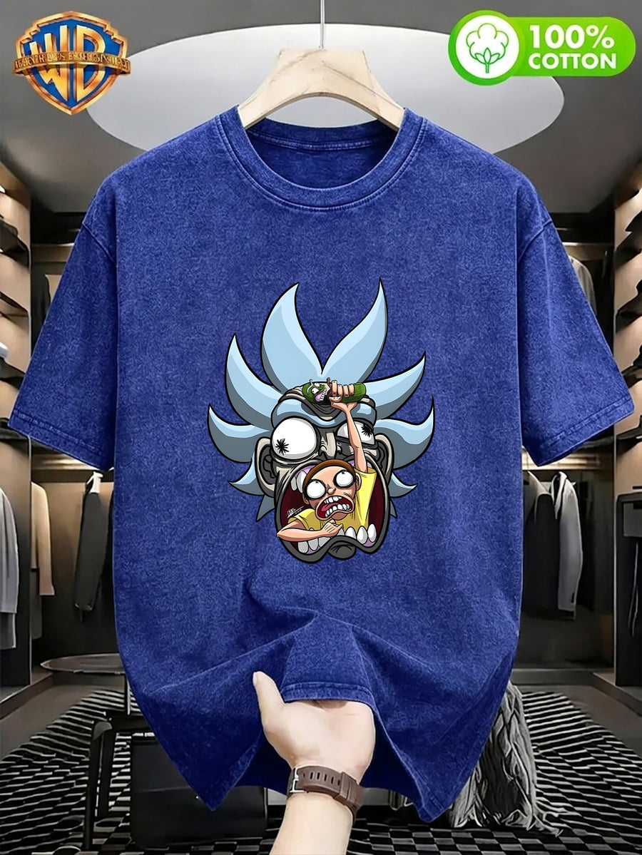 Warner Bros Official Halloween Gift Choice - Men's Washed Distressed 100% Pure Short Sleeve T-Shirt, Featuring a Creative Fusion of Classic Animated Characters with Printed Patterns for a Unique Visual Impact. Suitable for Daily Casual - Blue