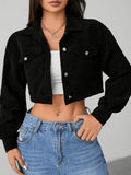 Women'S Lapel Collar Corduroy Jacket | Casual Style, Solid Color, Short Length, Long Sleeve, Button Details For Spring/Fall - Black