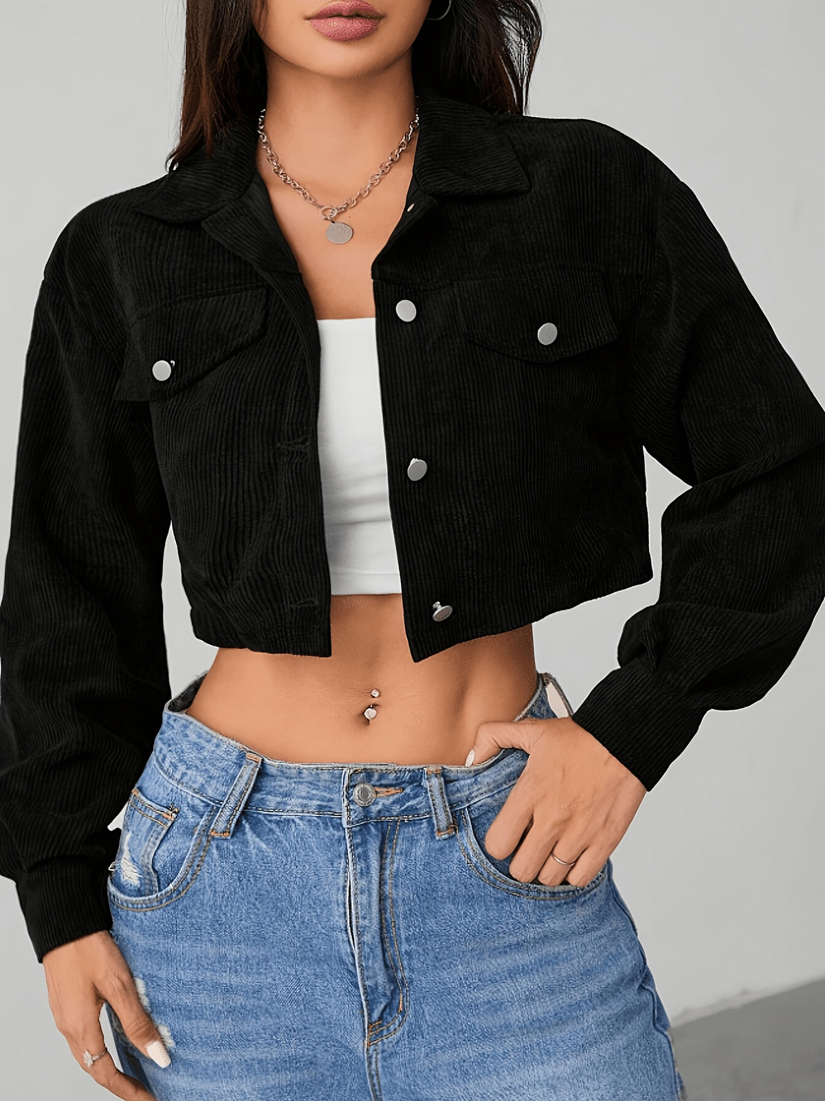 Women'S Lapel Collar Corduroy Jacket | Casual Style, Solid Color, Short Length, Long Sleeve, Button Details For Spring/Fall - Black
