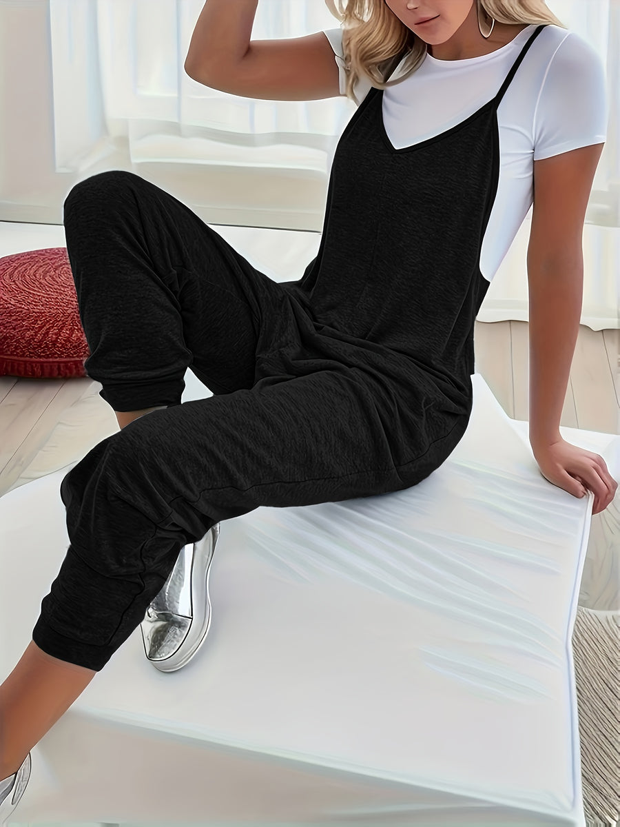 Women's Fashion Solid Color Loose Suspender V-Neck Jumpsuit - Black