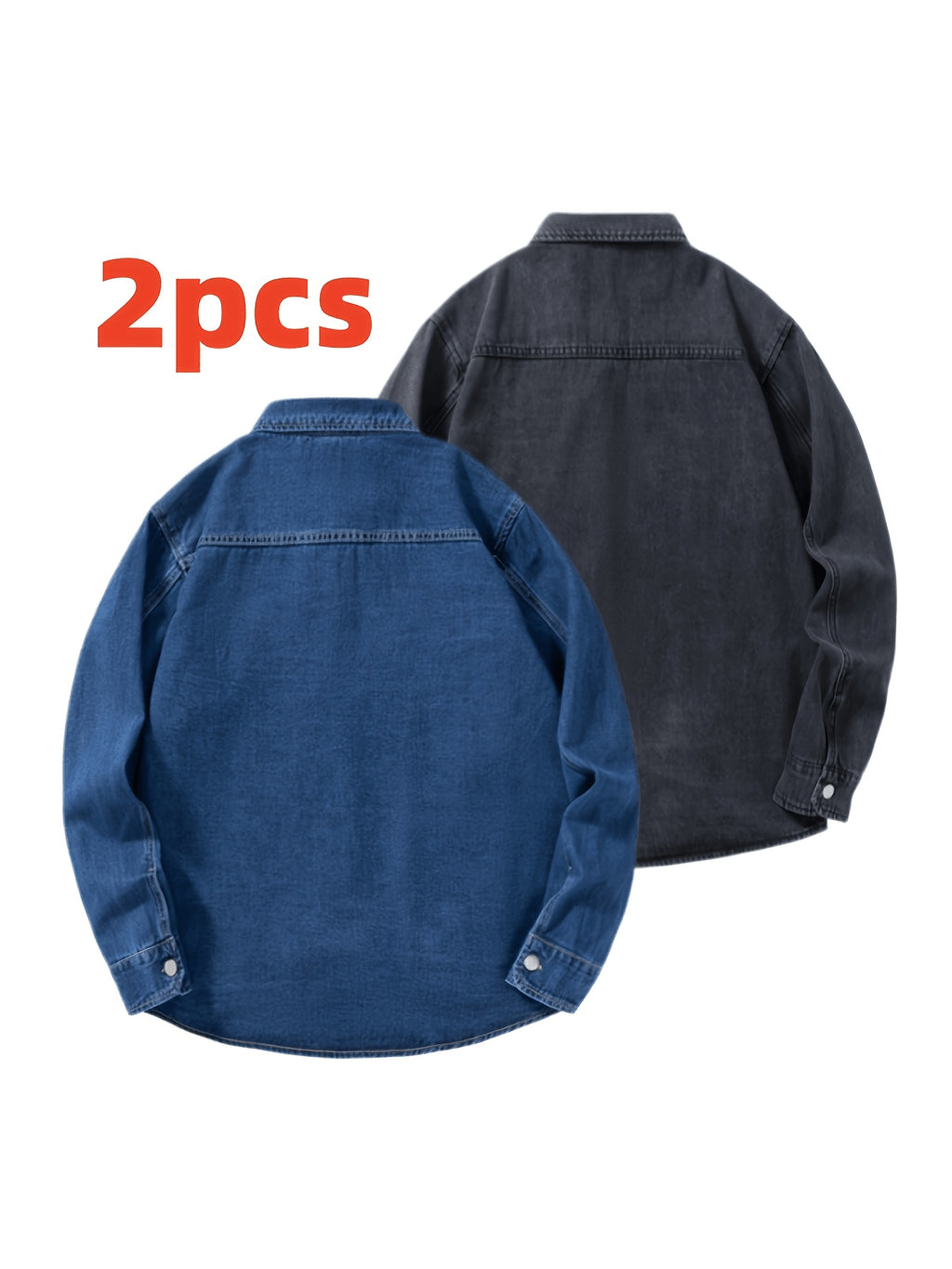 Men's Two-pc Non-Stretch Denim Shirts, Vintage Washed Workwear Long Sleeve Loose Fit Versatile Casual Jackets - Dark blue + black gray