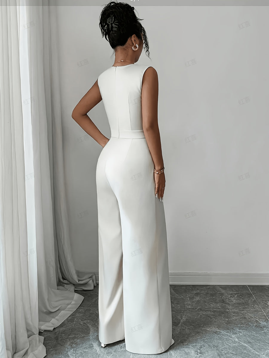 Light Luxury Elegant Style Metal Rose Buckle V-Neck Sleeveless Women'S Jumpsuit Wide-Leg Pants, High Drape Wrinkle-Resistant Easy-Care Fabric, Temperament High-Waist Wide-Leg Jumpsuit, Suitable for Commuting Banquets Parties Dates - White