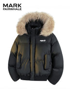MARK FAIRWHALE Detachable Faux Fur Collar Mock Jacket, Winter Thickened Warm Coat, Small Logo Loose Casual Men'S Outerwear - Black