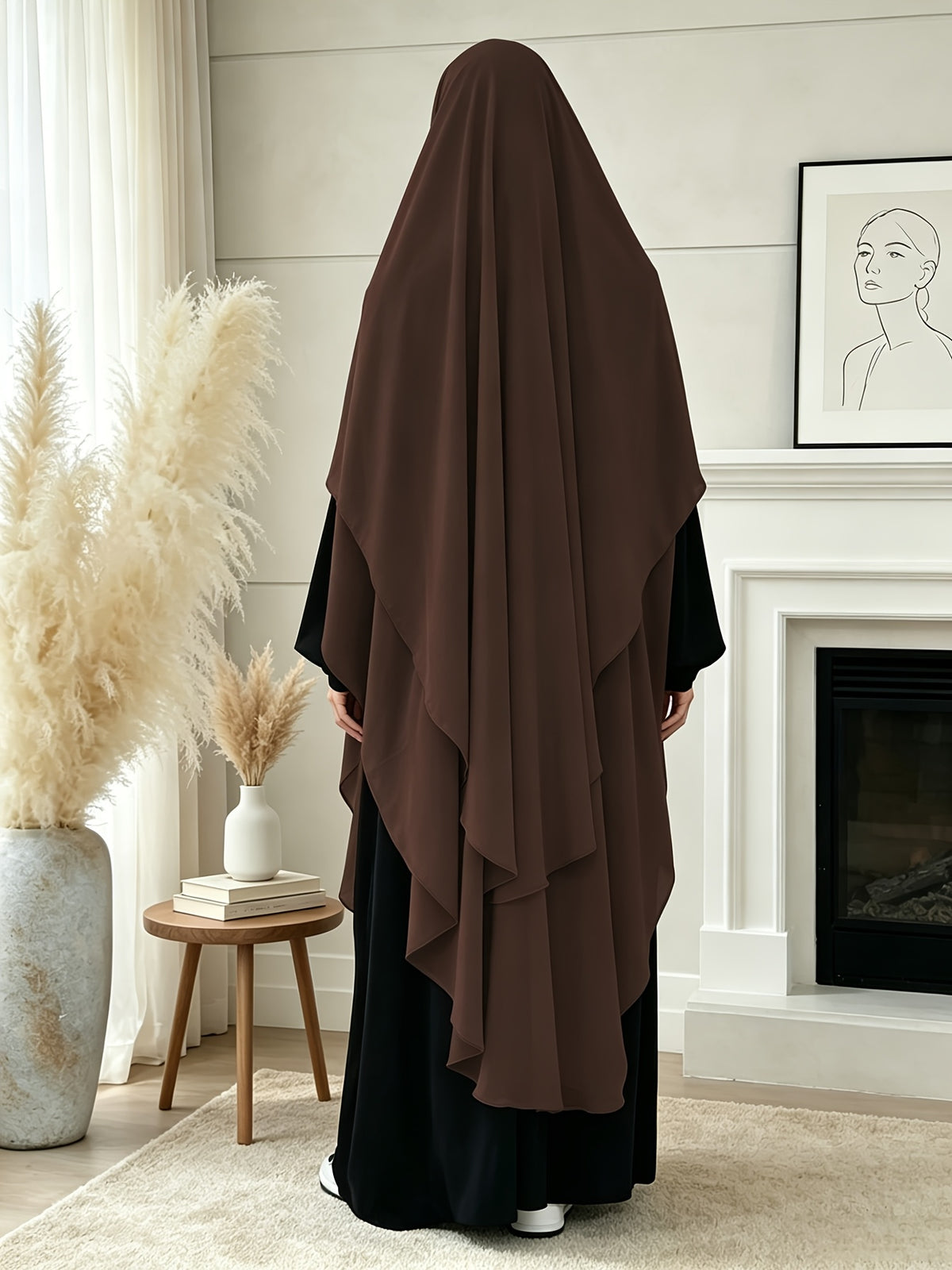 1pc High-Quality Pearl Chiffon Double-Layer Design Breathable And Private Kimmar Scarf Matching Any Abaya Women'S Daily Wear Prayer Use All Seasons - Coffee Color