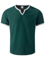 Men'S Solid Waffle Knit V-Neck Tee, Contrast Edge Short Sleeve Casual Daily T-Shirt - Dark Green