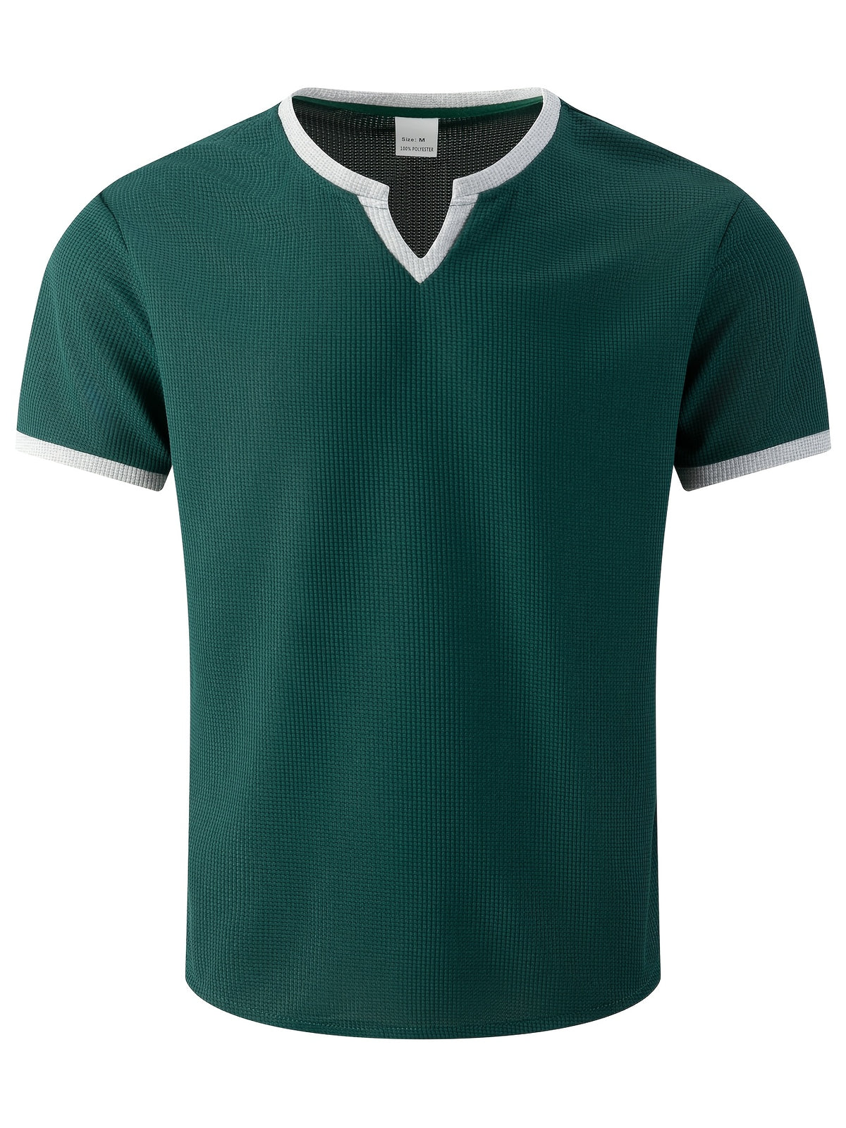 Men'S Solid Waffle Knit V-Neck Tee, Contrast Edge Short Sleeve Casual Daily T-Shirt - Dark Green
