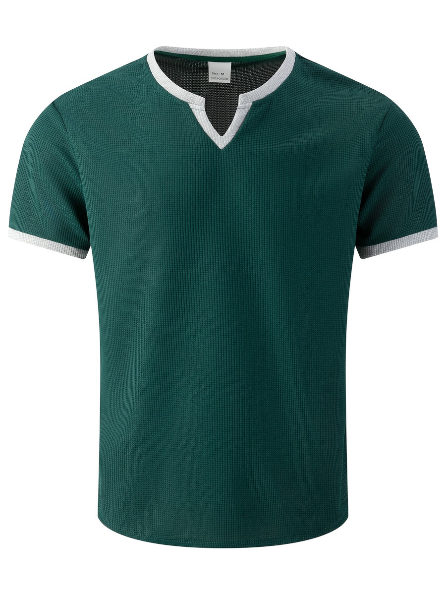 Men'S Solid Waffle Knit V-Neck Tee, Contrast Edge Short Sleeve Casual Daily T-Shirt - Dark Green